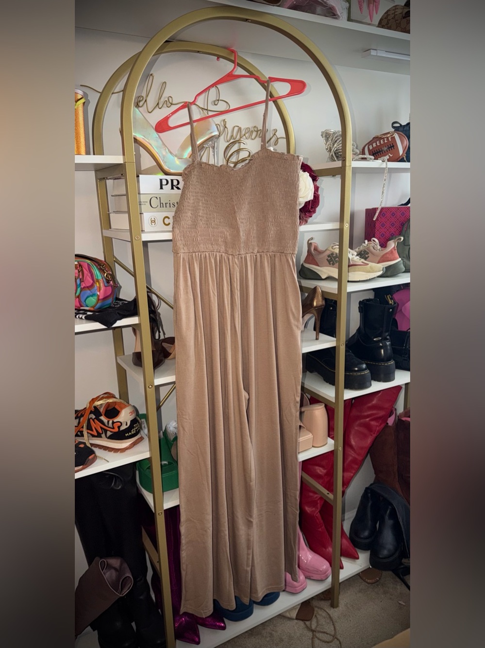Taupe Smocked Wide Leg Jumpsuit With Pockets-large - Picture 4 of 5